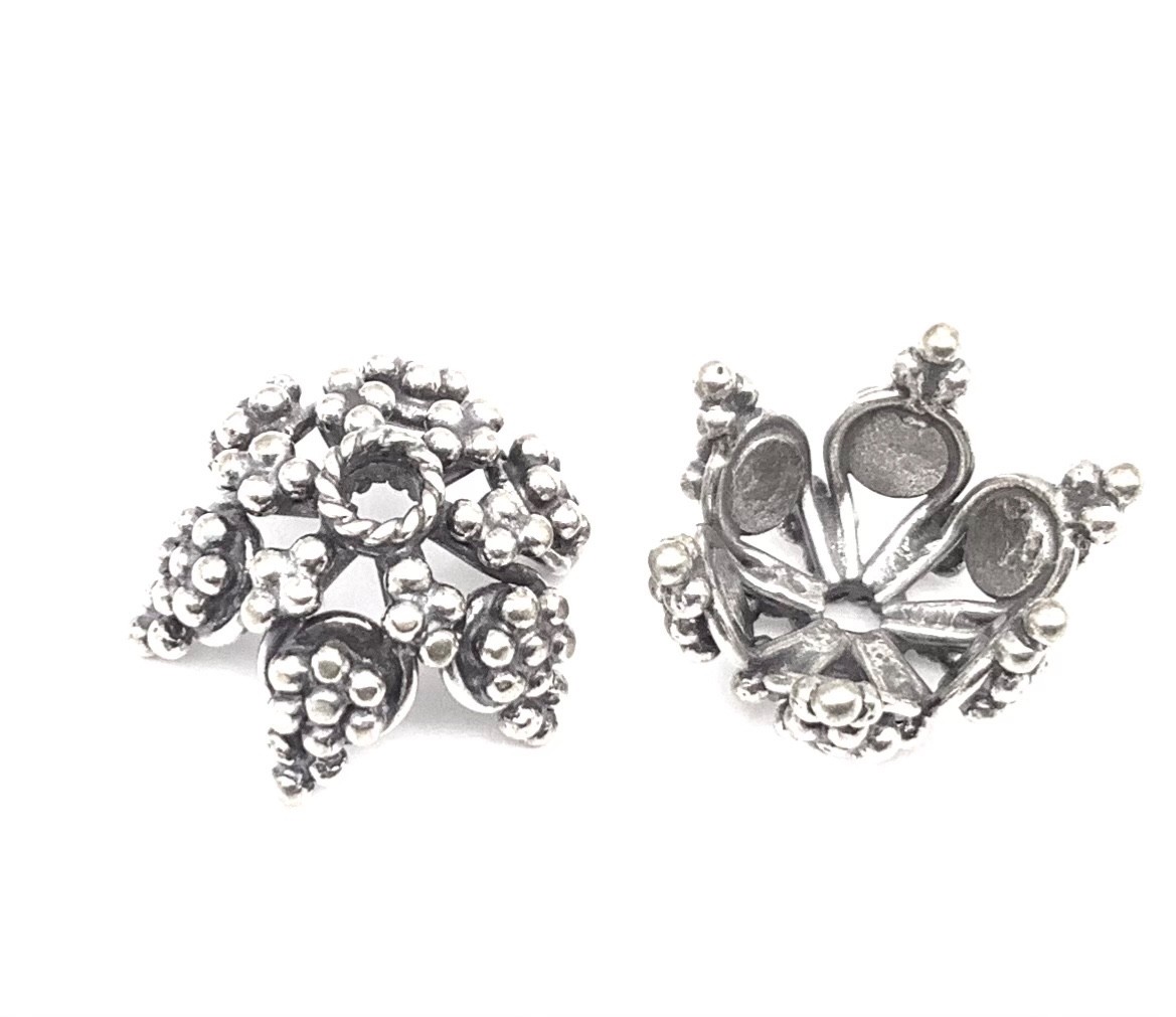 2 Hand Crafted Sterling Silver .925 Bali Flower Bead Caps-#C11411