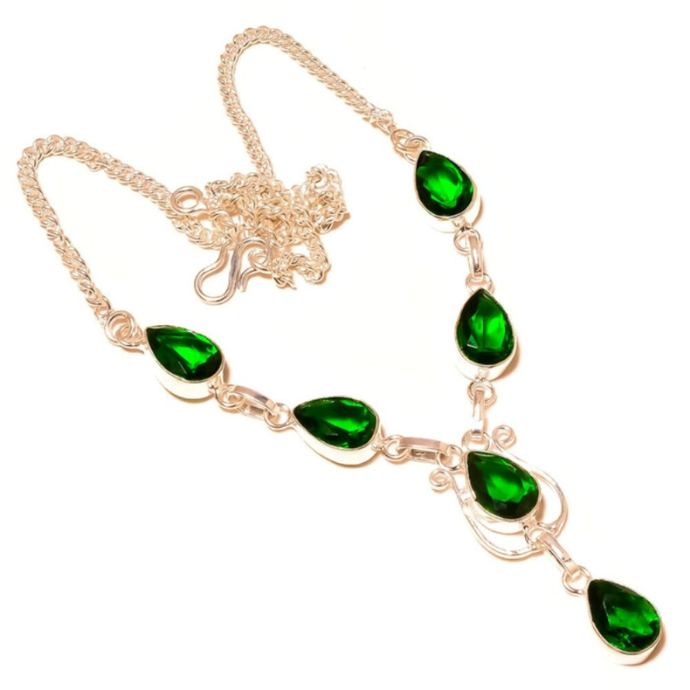 Chrome Diopside Glass Pear Gemstone 925 Sterling Silver Handmade Y Drop Necklace