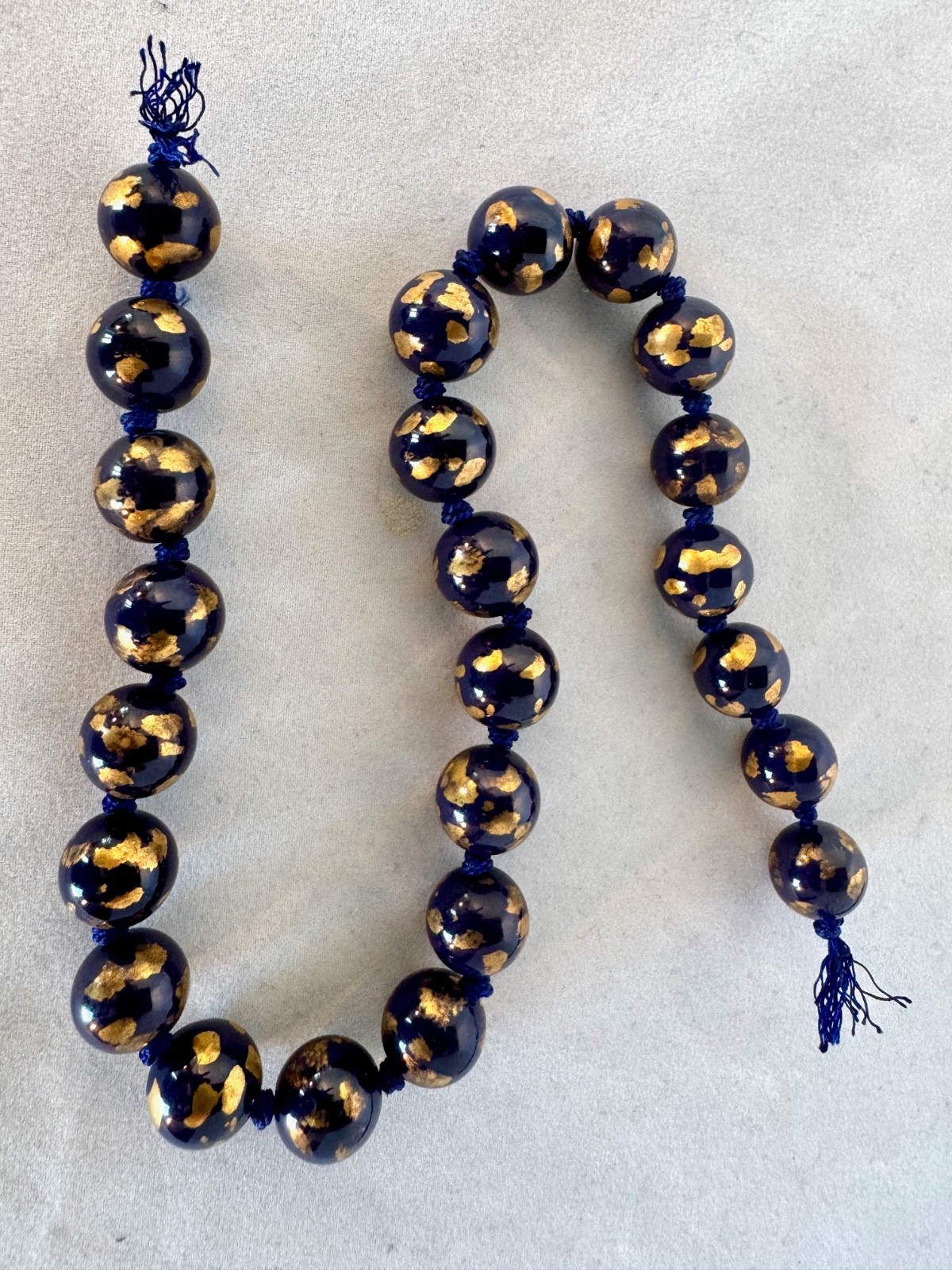 Vintage Royal Blue Hand Painted Chinese Porcelain Beads Hand knotted Blue Silk