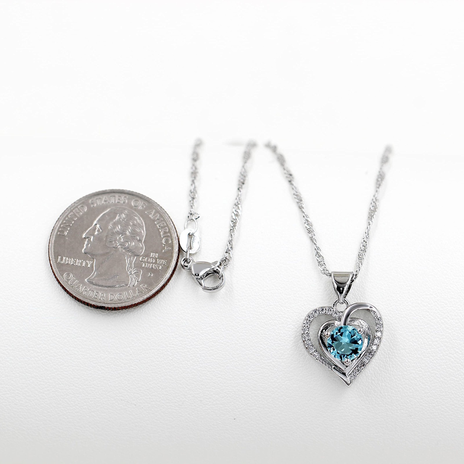 Platinum Plated Blue Crystal Heart Pendant Necklace Round Cubic Zirconia Double