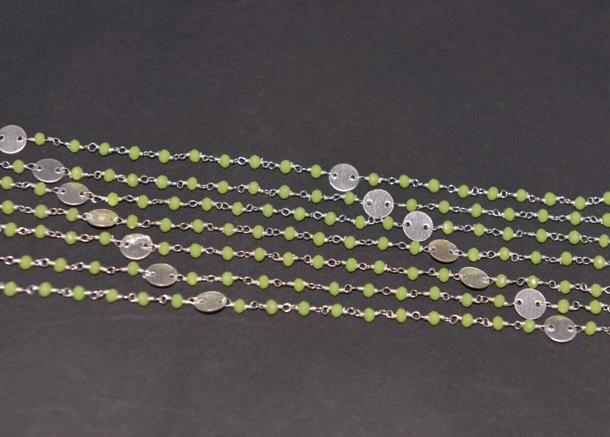 bulk roll jewelry making chain, 3mm peridot beads rosary, silver plated chain