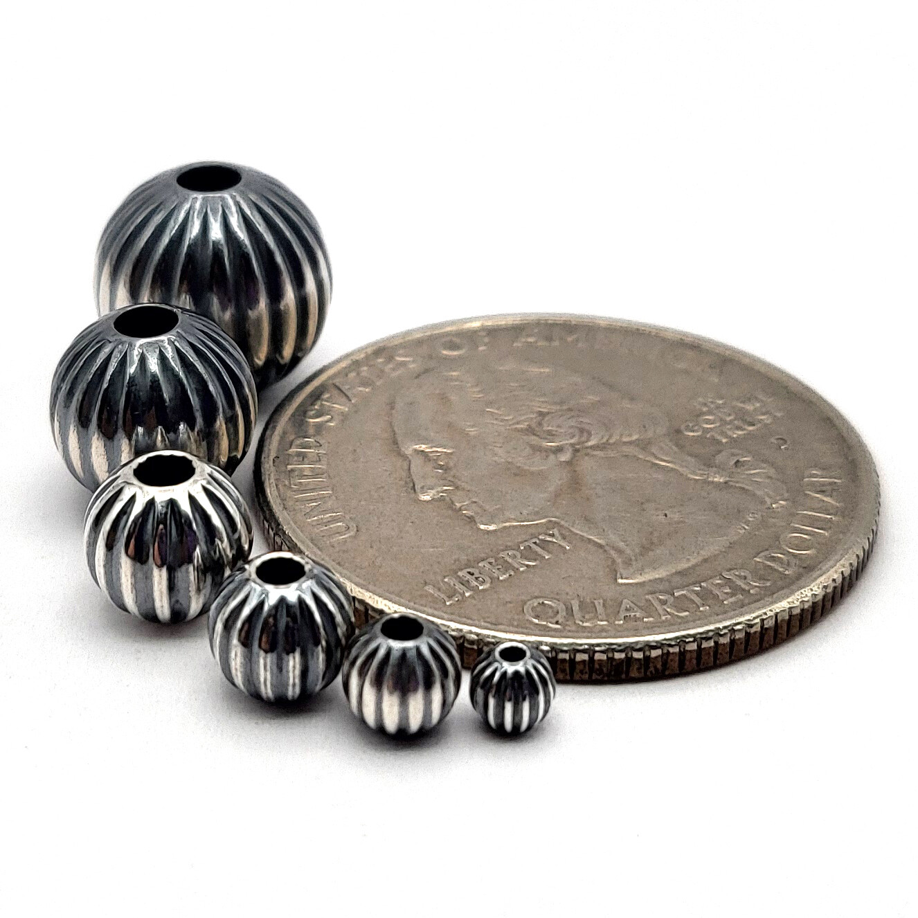 Lovely Round Navajo Pearl Real .925 Sterling Silver Corrugated Spacer Beads Ball