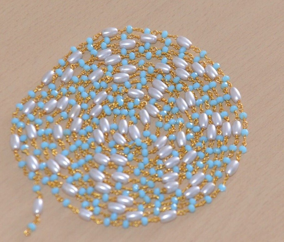 3mm Turquoise faceted beads & rice pearl rosary chain, beaded bulk roll chain