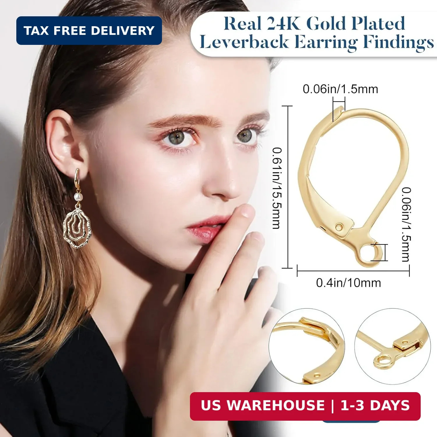 Beebeecraft 50Pcs/Box Leverback Earring Findings 24K Gold Plated Stainless Steel