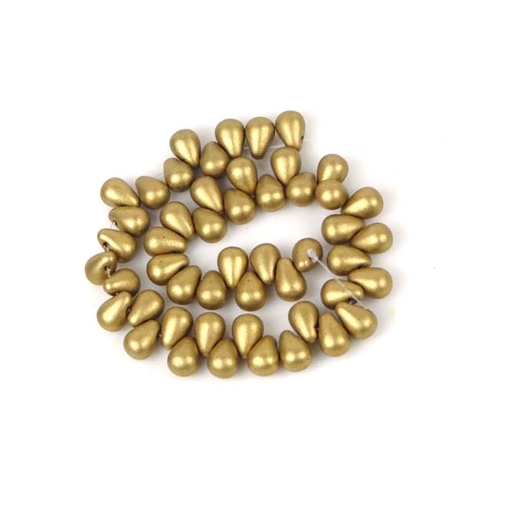 50 Czech Glass Teardrop Beads – Matte Metallic Flax Gold 6x4mm