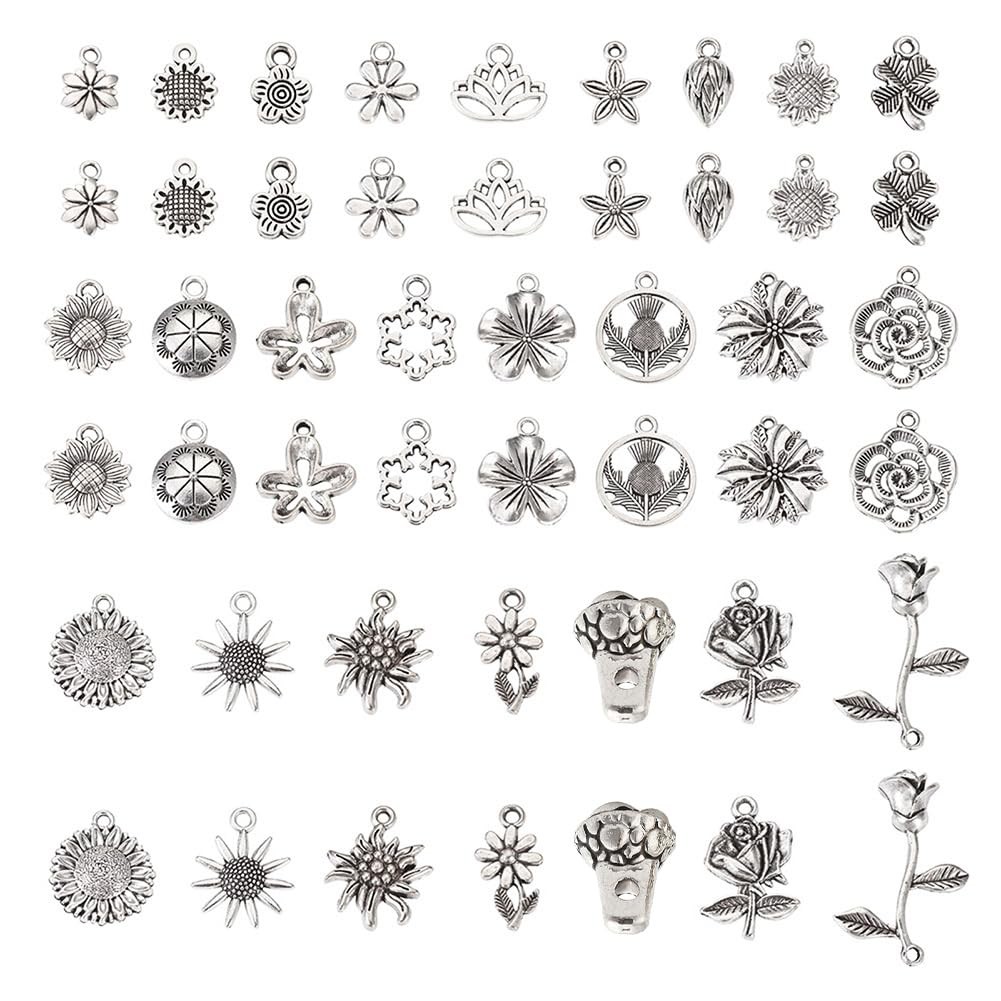 96pcs Tibetan Style Flower Charms for Jewelry Making Metal Silver Floral Char…