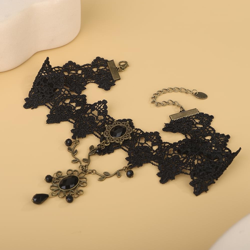 Vintage Black Halloween Tassels Lace Choker Necklace Fashion Prom Shinny Crystal