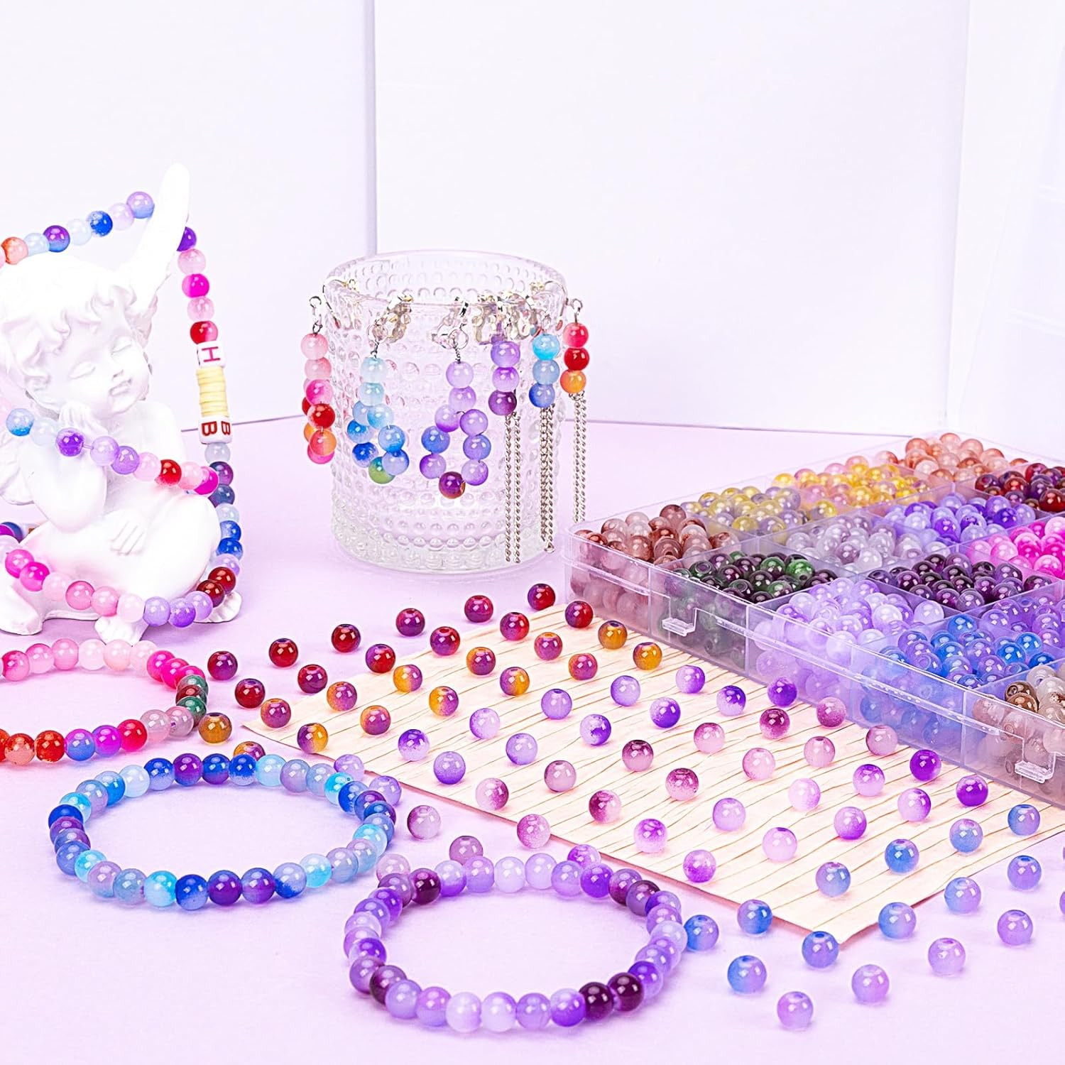 about 1200+ Pcs 6Mm Glass Beads Bracelet Making Kit, 24 Assorted Purple Bi-Color