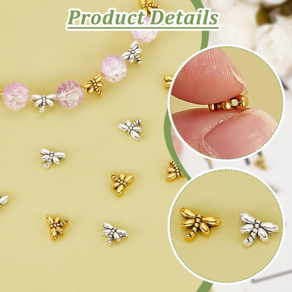 200Pcs Antique Spacer Beads Metal Dragonfly Beads Tibetan Sliver Goldanimal Char