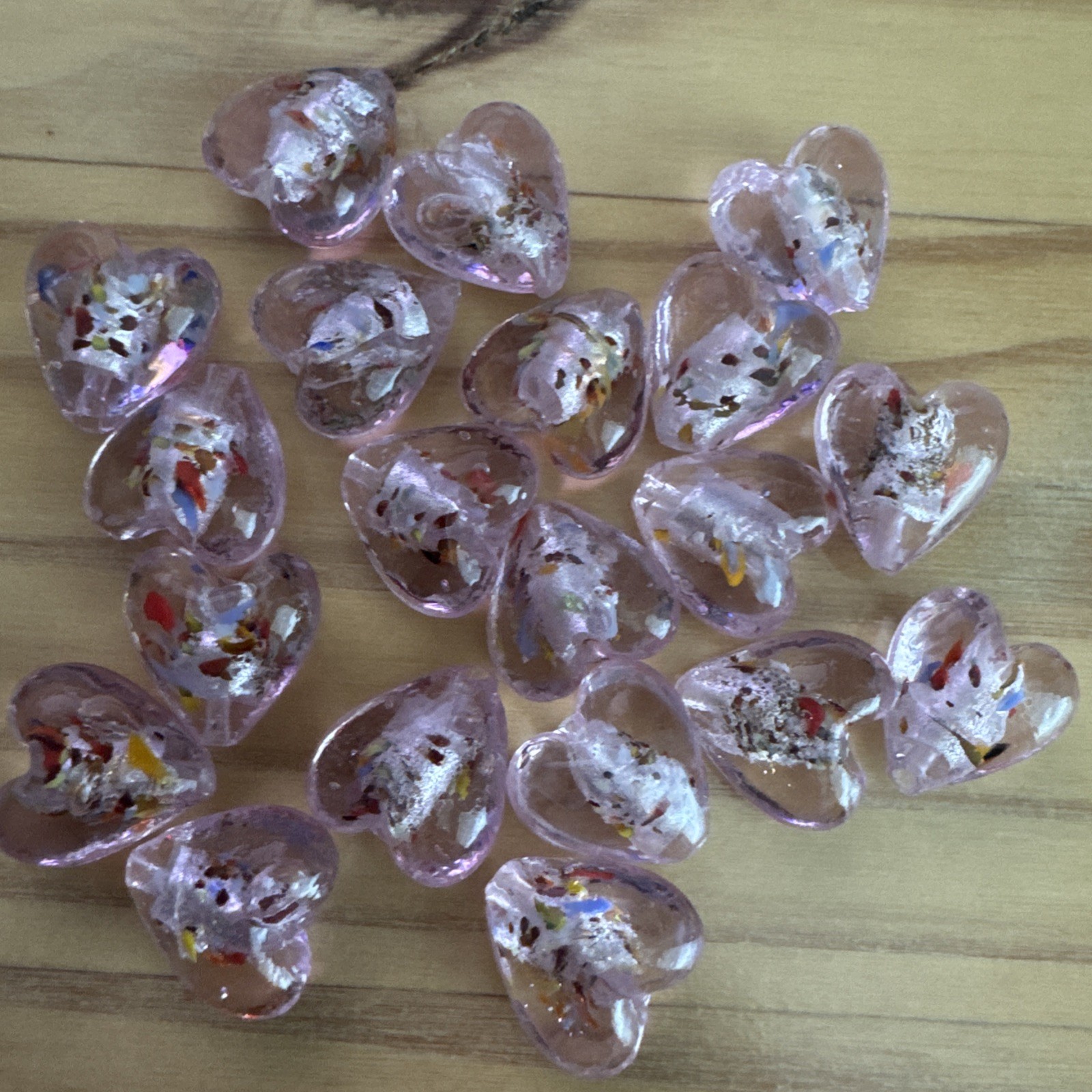20  PINK CONFETTI HEART – Lampwork Glass Beads approx 15mm DIY