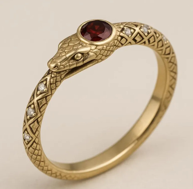Vintage Gold Serpent Ring: Garnet & Moissanite Halloween Jewelry, 18k Gold Snack