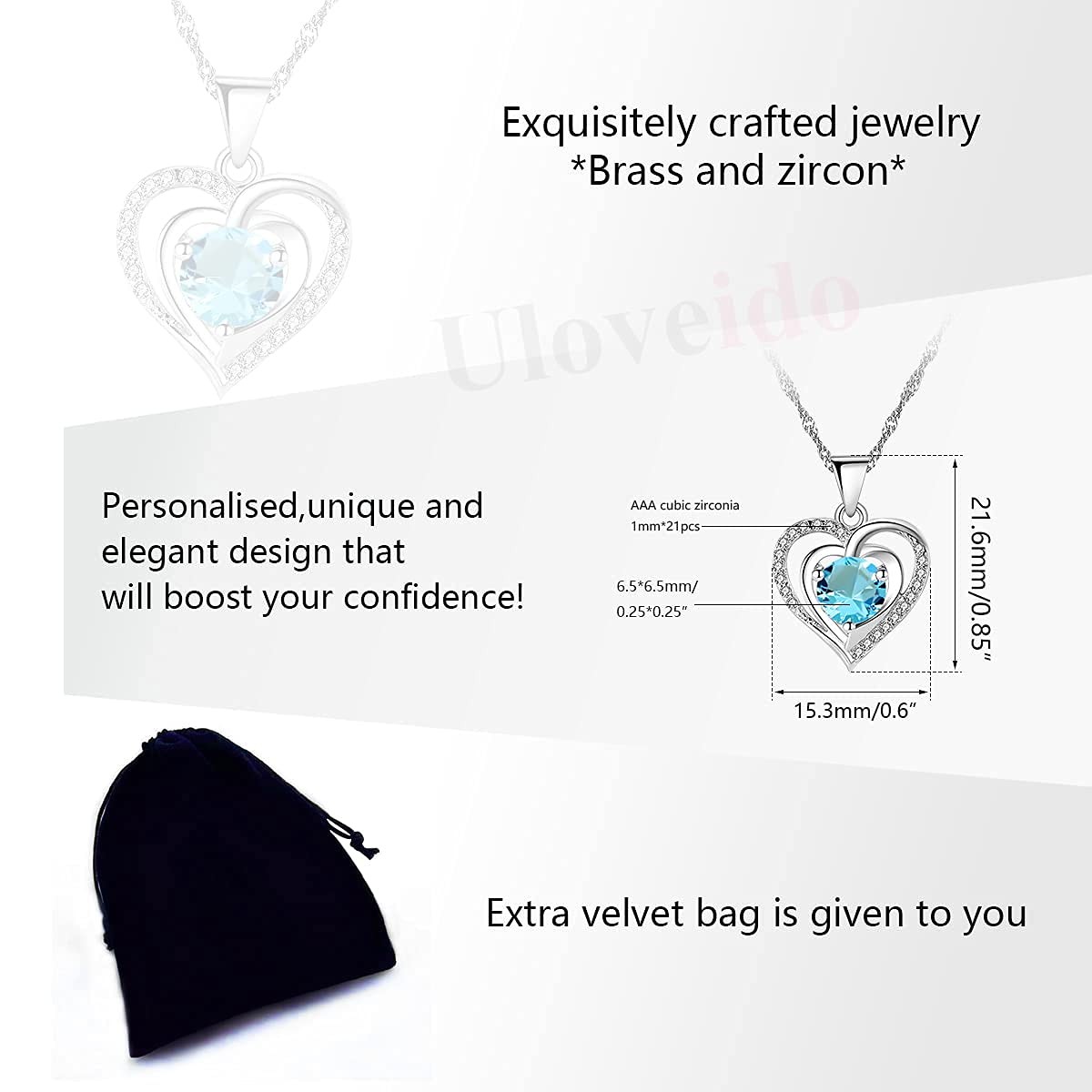 Platinum Plated Blue Crystal Heart Pendant Necklace Round Cubic Zirconia Double