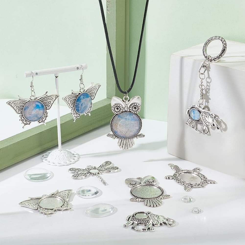 30Pcs 5 Styles Animal Photo Charms Blank Bezel Owl Pendant Trays Turtle Cabochon