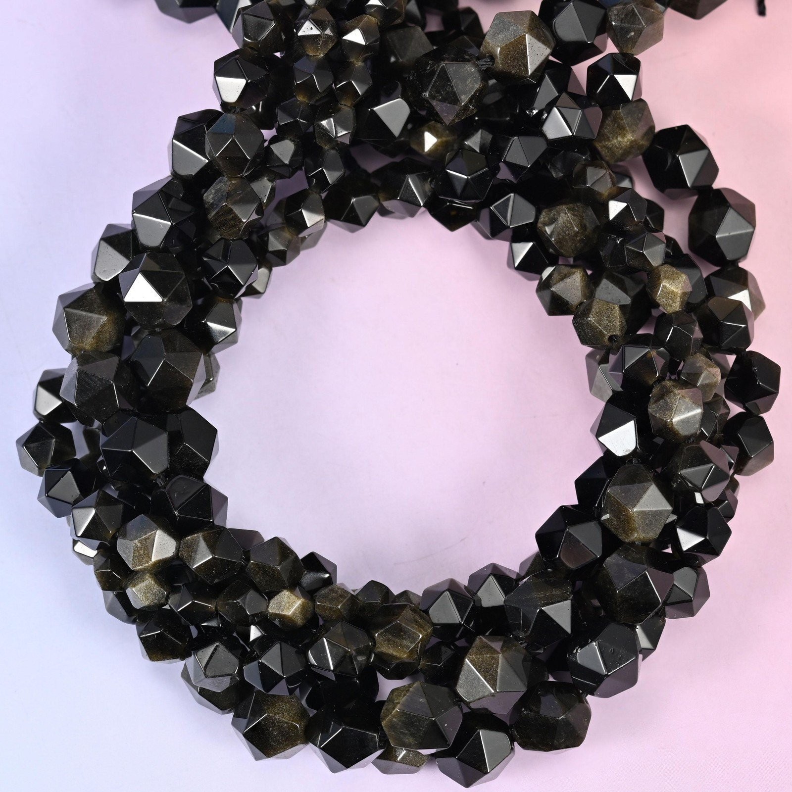 Gold Obsidian Beads: Faceted Diamond Star Cut, 6-10mm, 15.5 inch Strand