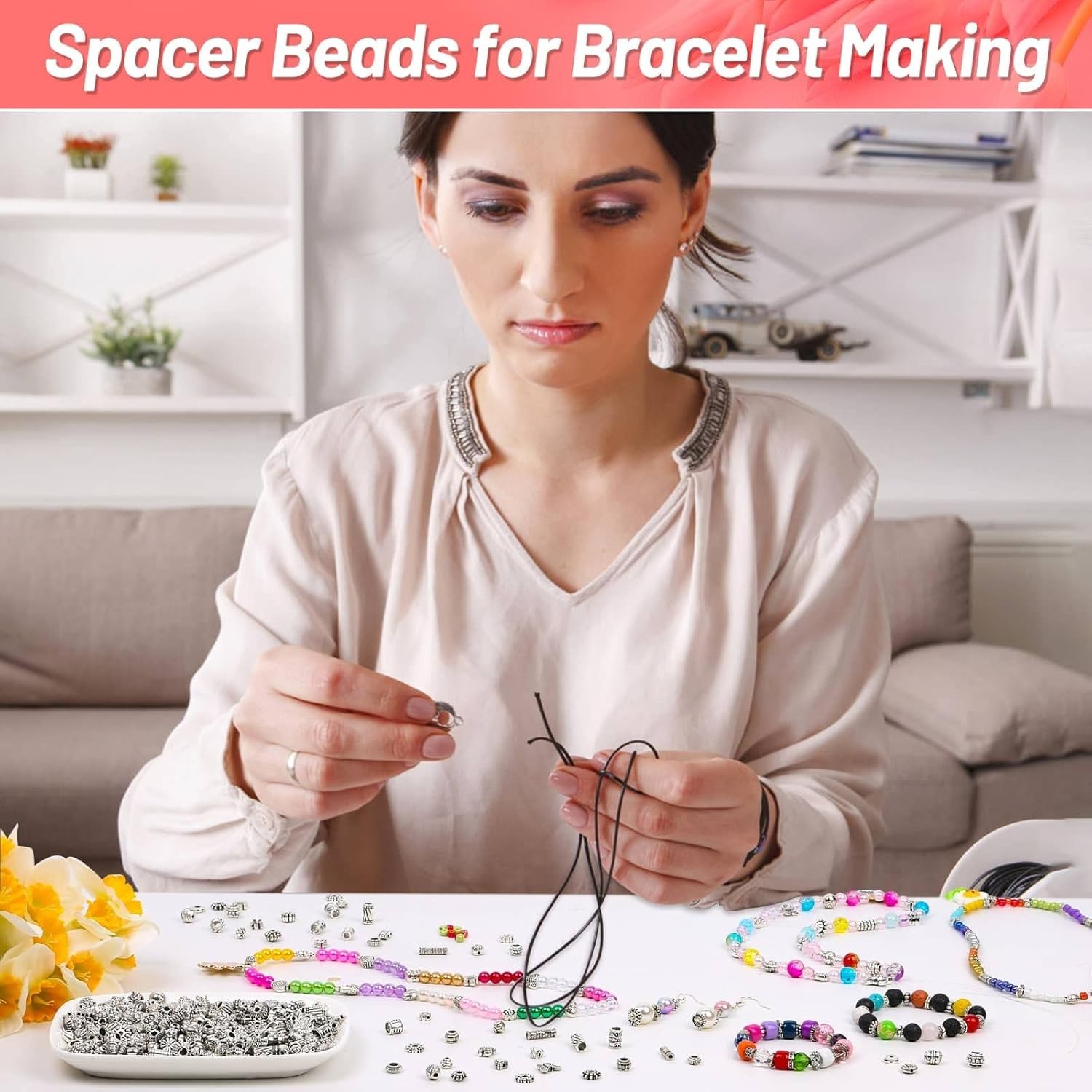 500 Pcs Bracelet Spacer Beads, Silver Bulk Random Styles Loose Spacer Metal C…
