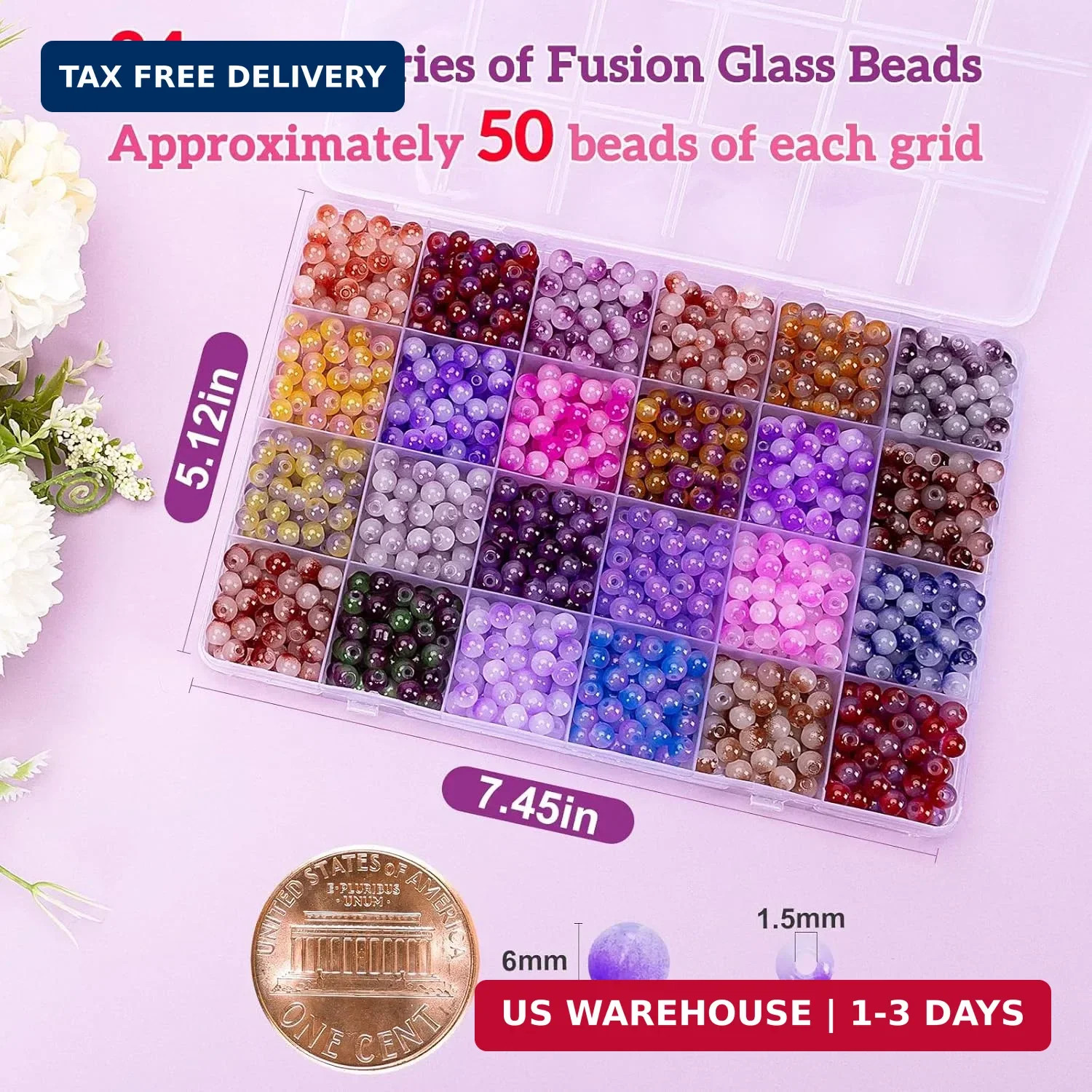 About 1200+ pcs 6mm Glass Beads Bracelet Making Kit, 24 Assorted Purple B