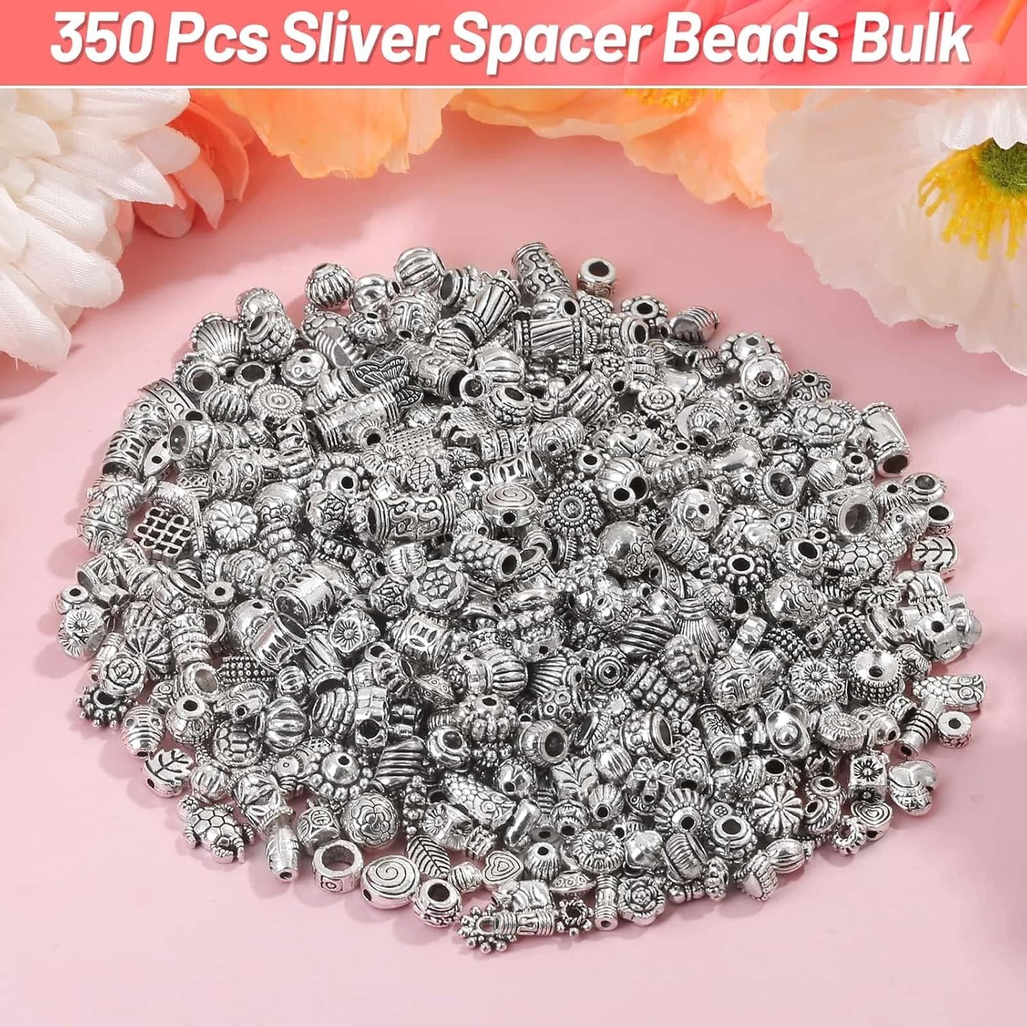 500 Pcs Bracelet Spacer Beads, Silver Bulk Random Styles Loose Spacer Metal C…