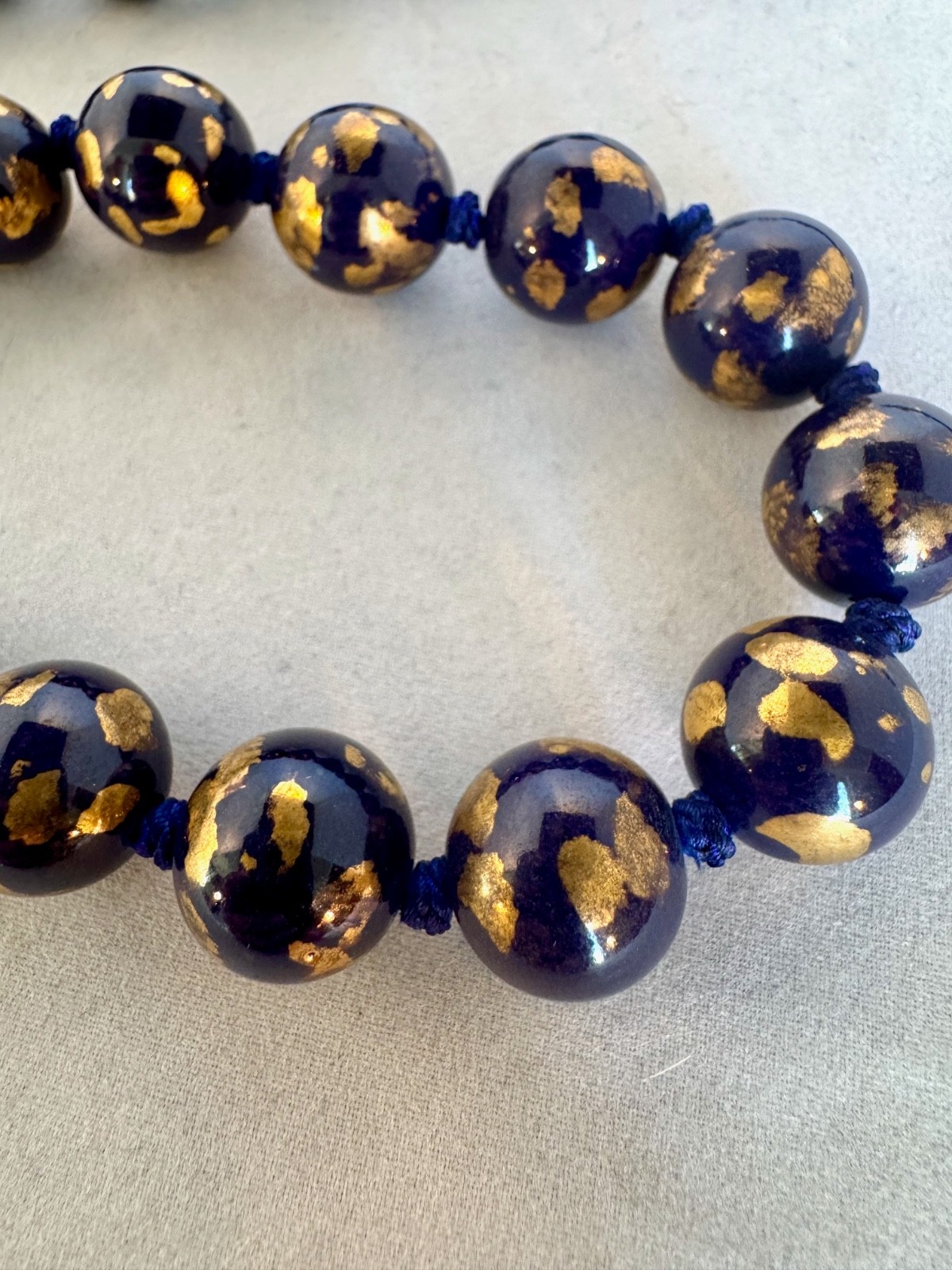 Vintage Royal Blue Hand Painted Chinese Porcelain Beads Hand knotted Blue Silk