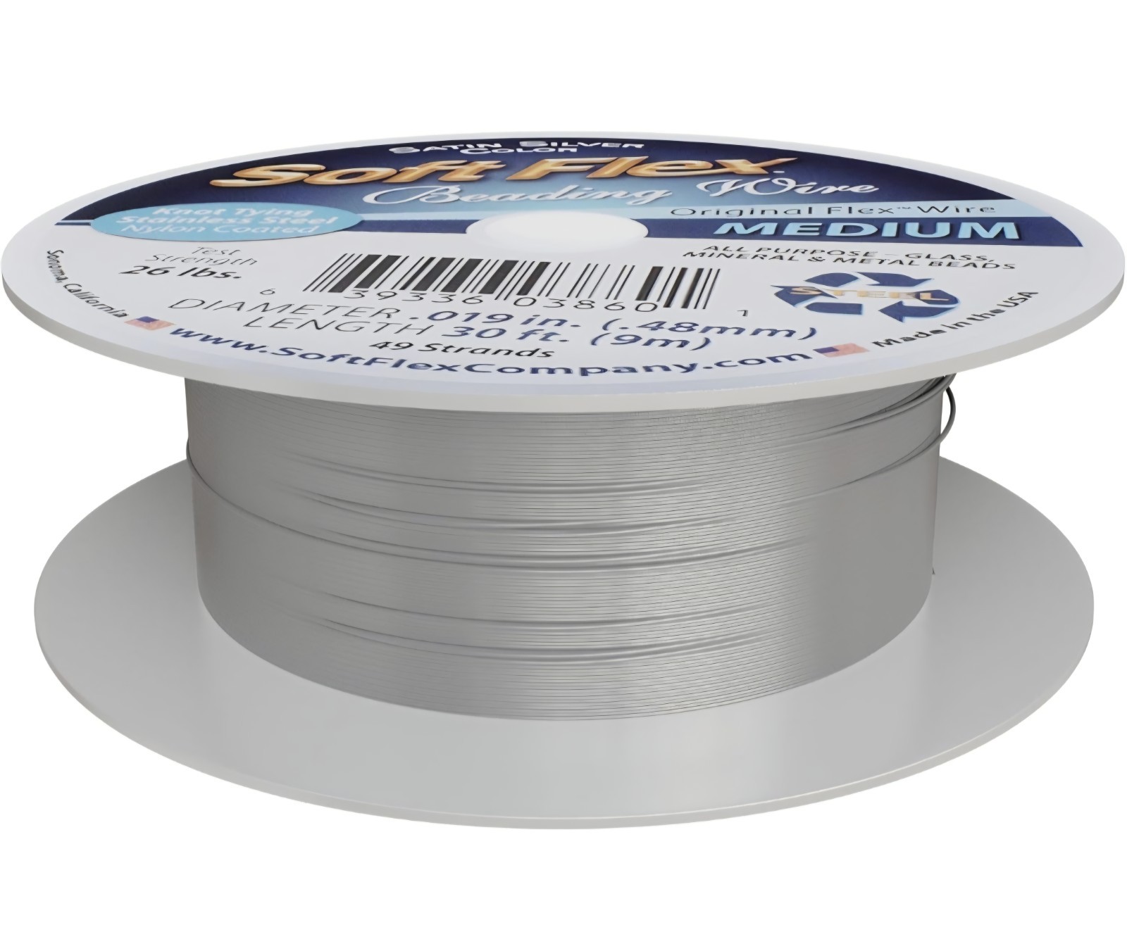 Soft Flex Satin Silver Beading Wire • 49 Strands/Medium Size/30ft Spool • New