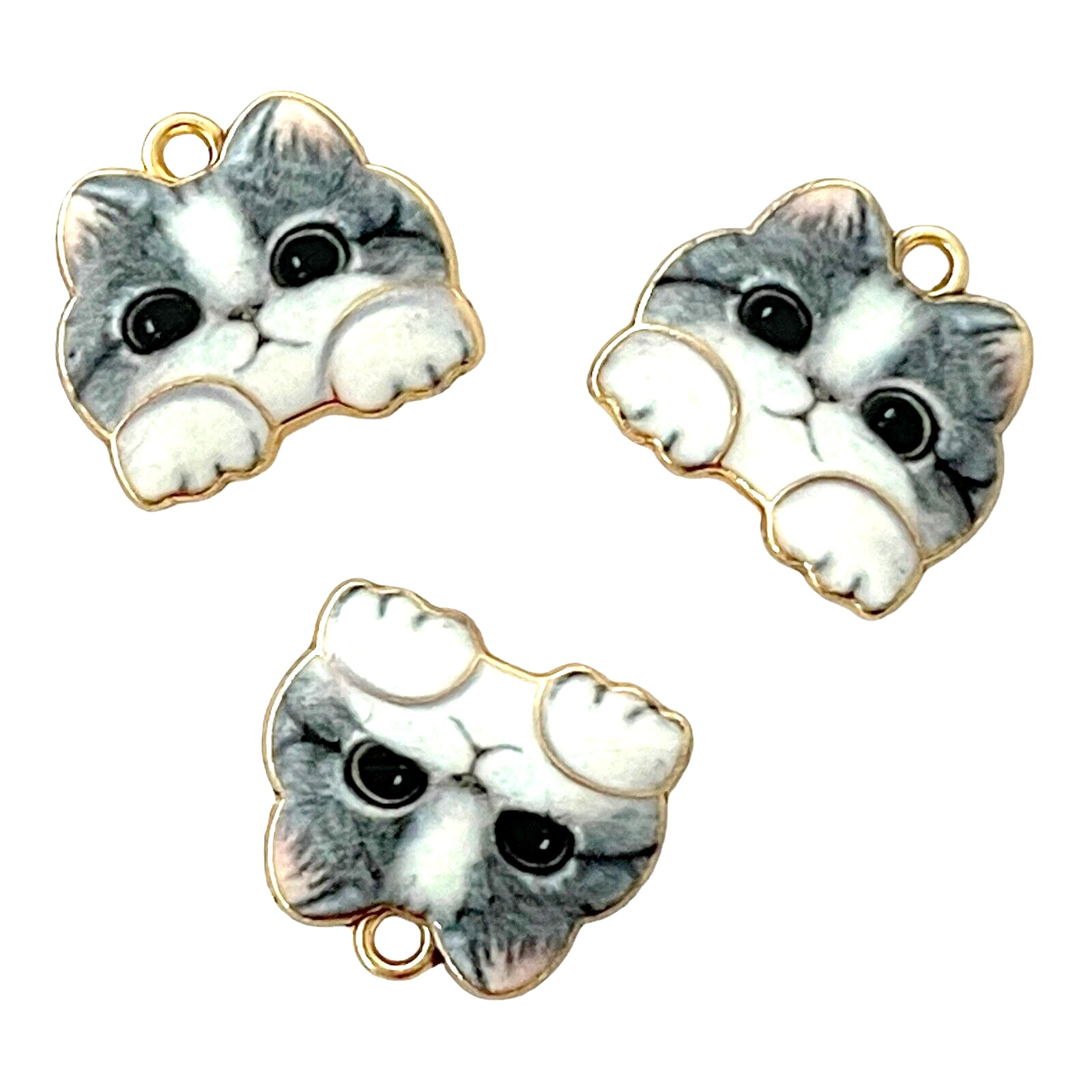10 Kitty Cat Head Gray White Charms Gold Bead Drop 18x16mm Animal Small Pendants
