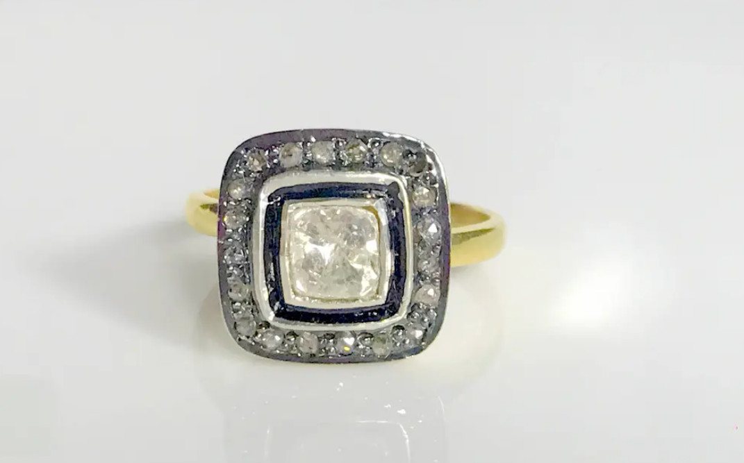 Victorian Rose Cut Polki & Pave Diamond Ring Vintage Silver Gold Filled Jewelry