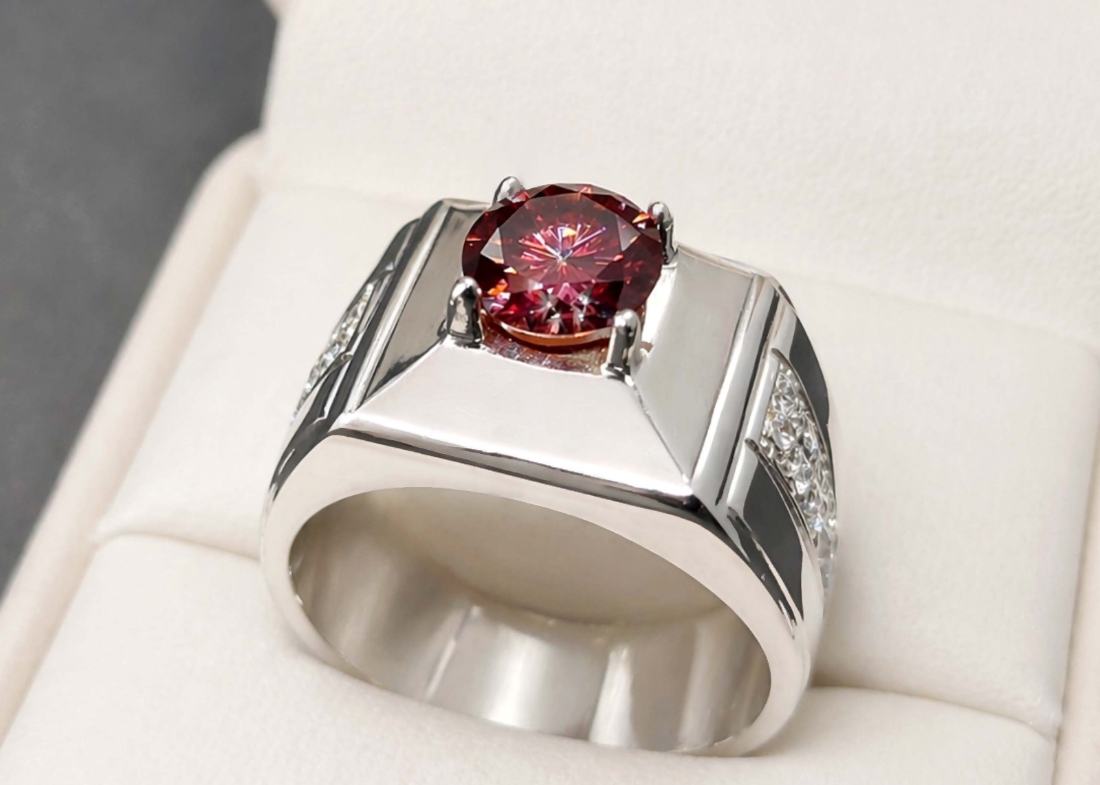 2 Ct Red Moissanite Diamond Sterling Silver 925 Handmade Mens Square Shape Ring
