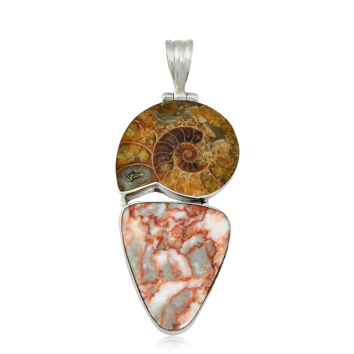 Hand Made Artisan Crafted Sterling Silver Ammonite and Jasper jewelry Pendant