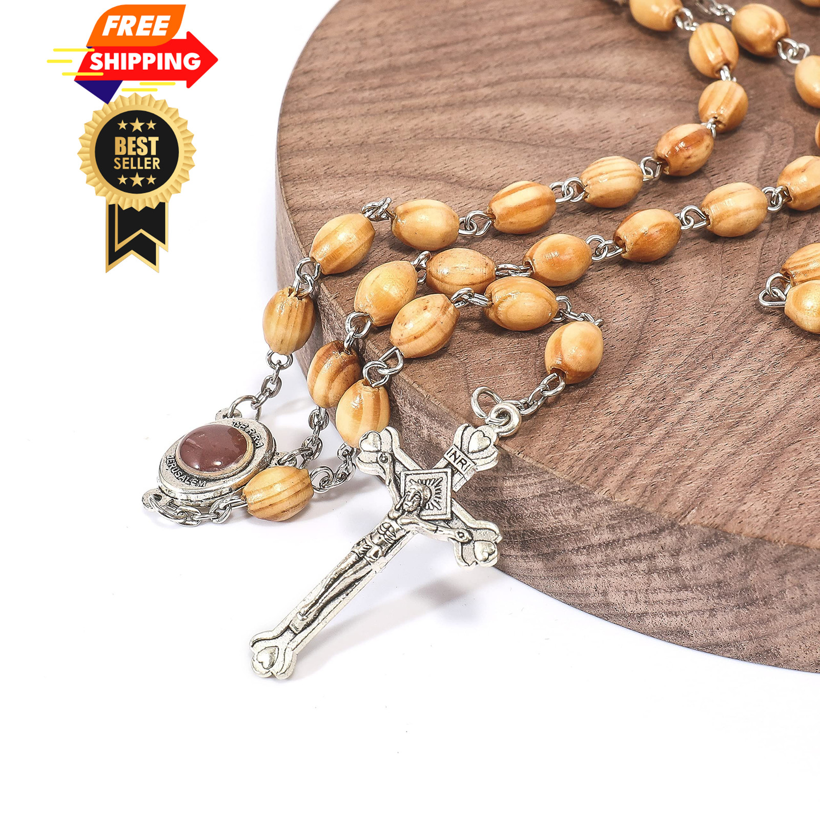 Nazareth Store Catholic Prayer Rosary Olive Wood Beads 21 inches, Brown