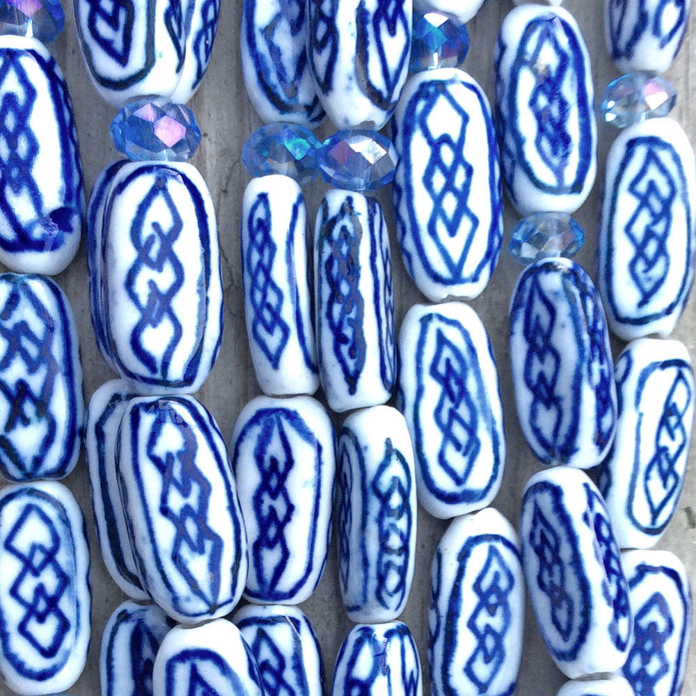 Blue White China Celtic Diamond Motif 16x9mm Rectangle Ceramic Beads Q2 Strands