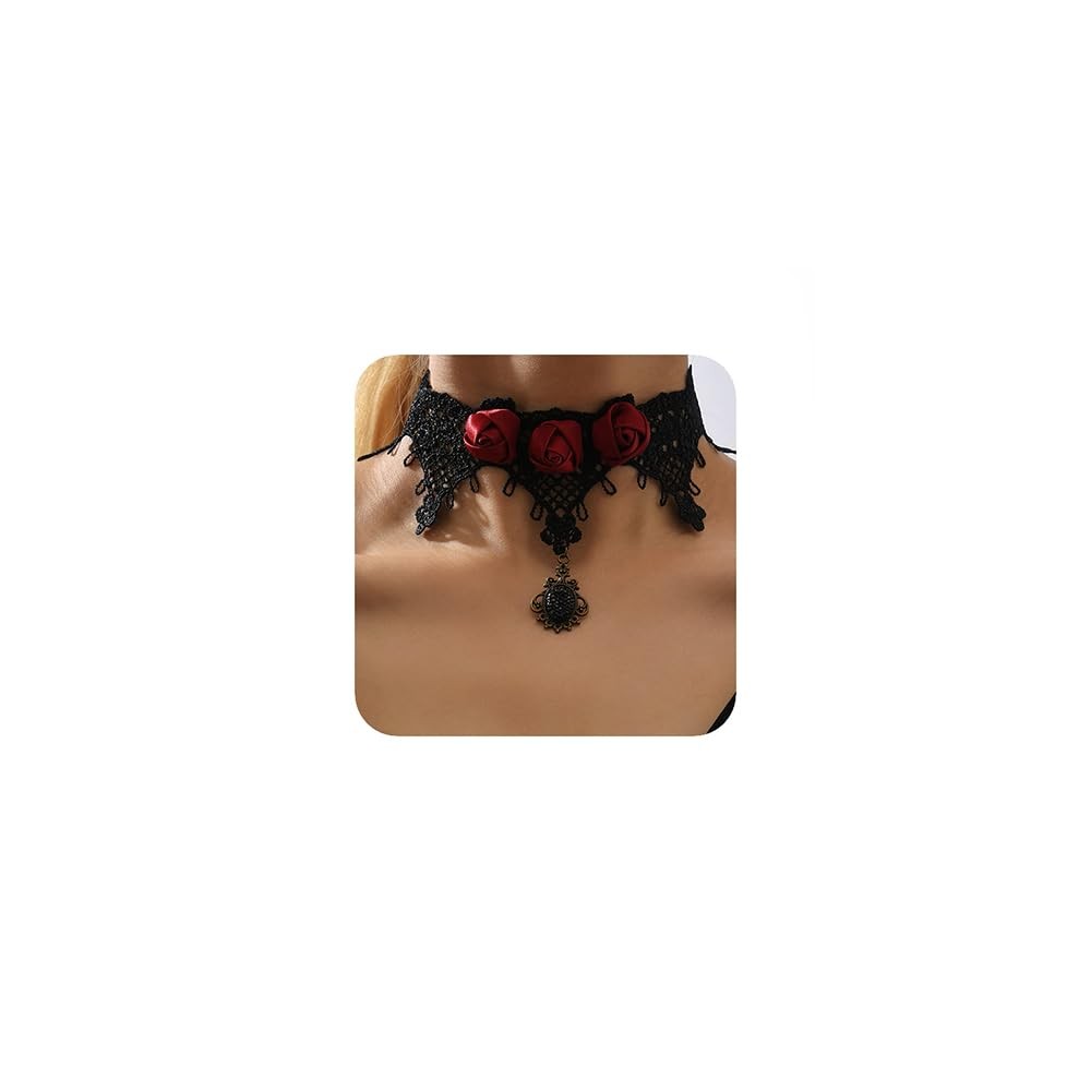 Dainty Vintage Red Flower Halloween Tassels Lace Choker Necklace Black Shinny Cr