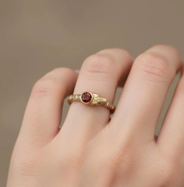 Vintage Gold Serpent Ring: Garnet & Moissanite Halloween Jewelry, 18k Gold Snack