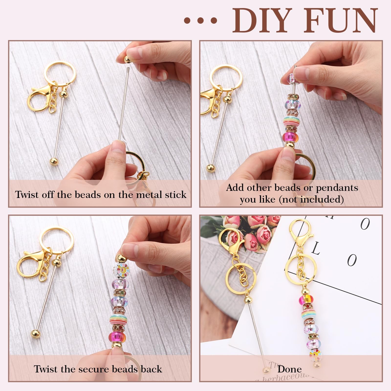 Huwena 6 Pcs Beadable Keychain Bars Blanks as shown in the pictures, Gold