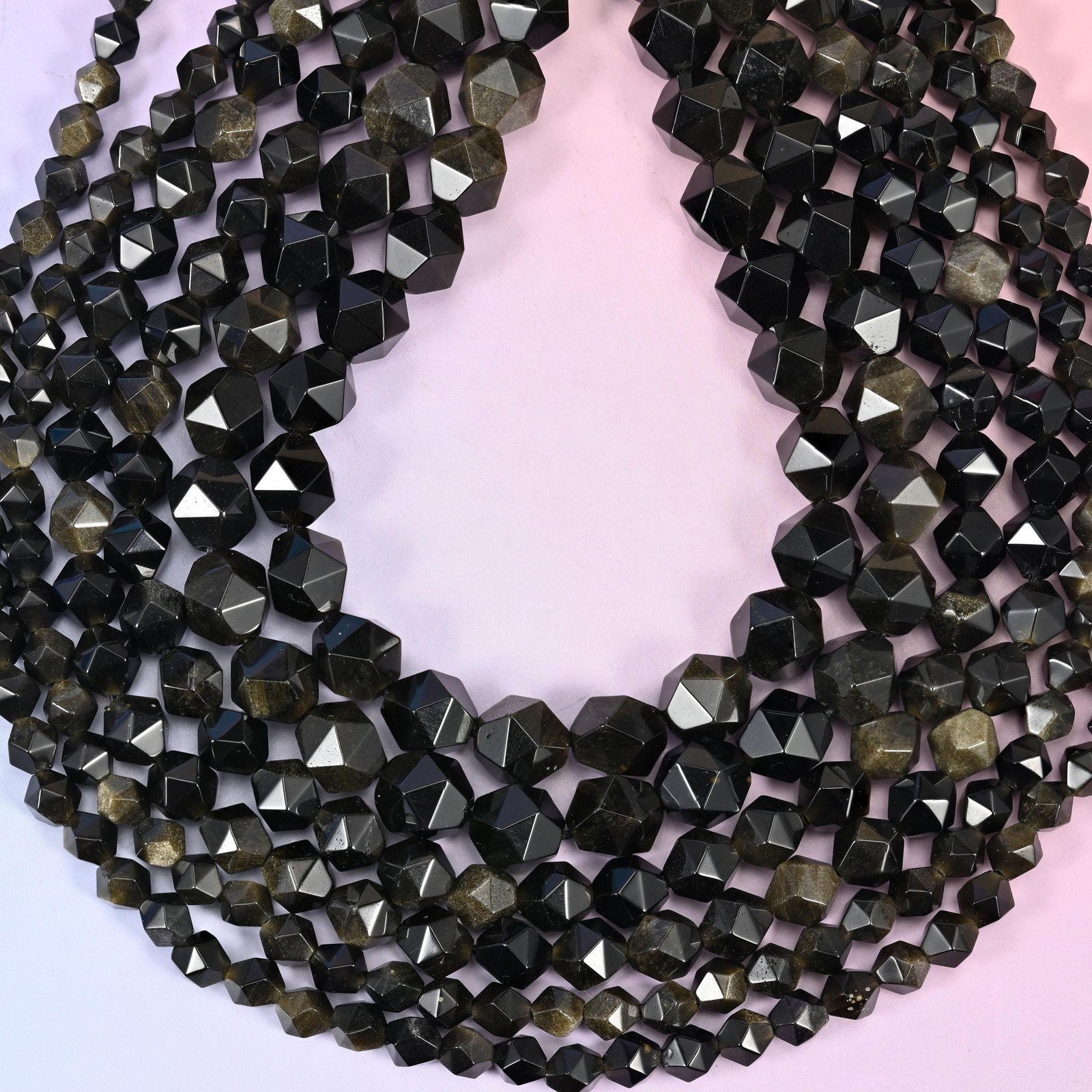 Gold Obsidian Beads: Faceted Diamond Star Cut, 6-10mm, 15.5 inch Strand