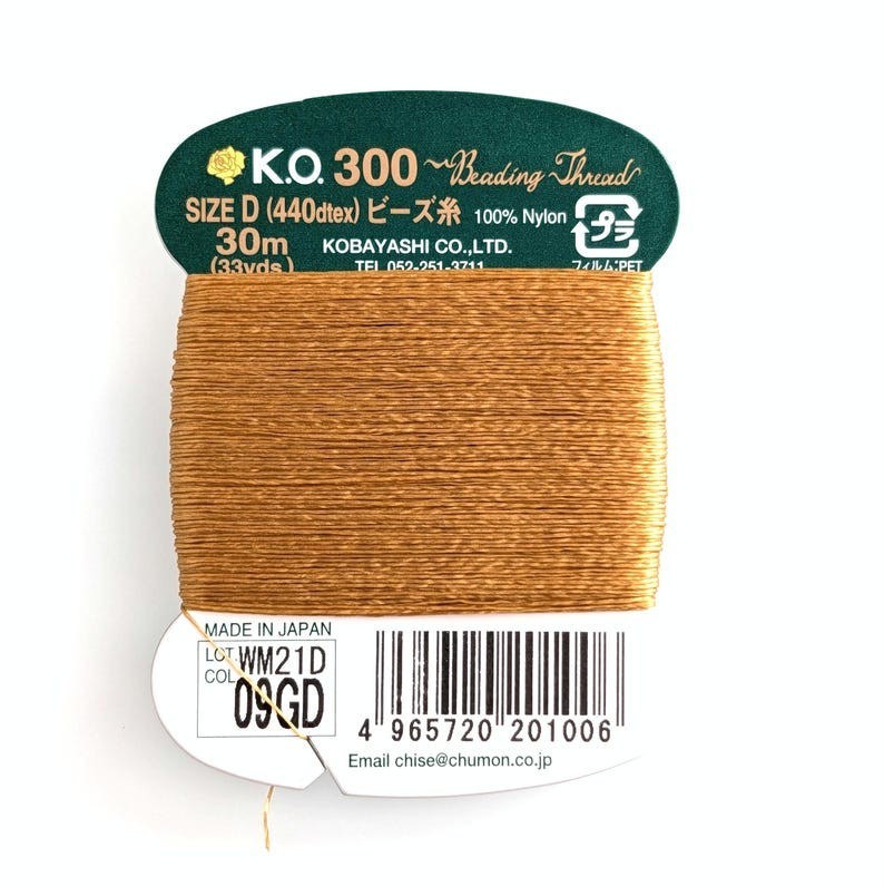 KO Beading Nylon Thread, 33 Yd / 30m Card, Size D 440dtex / 0.15mm Gold