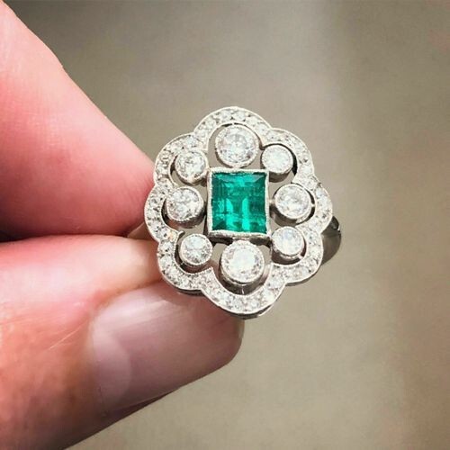 1.54CT Emerald Cut Real Green Emerald Art Deco Jewelry Ring 14K White Gold Over