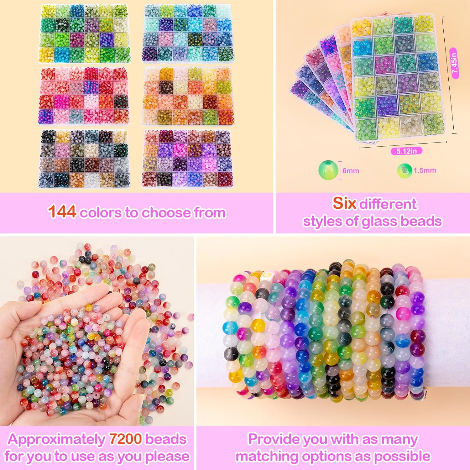 about 7200+ Pcs 6Mm Glass Beads Bracelet Making Kit, 144 Assorted Colorful Bi-Co