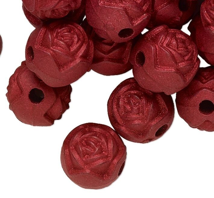 Bead, 100 Metallic Opaque Red Acrylic 8mm Round Rose Flower with 1.5mm Hole