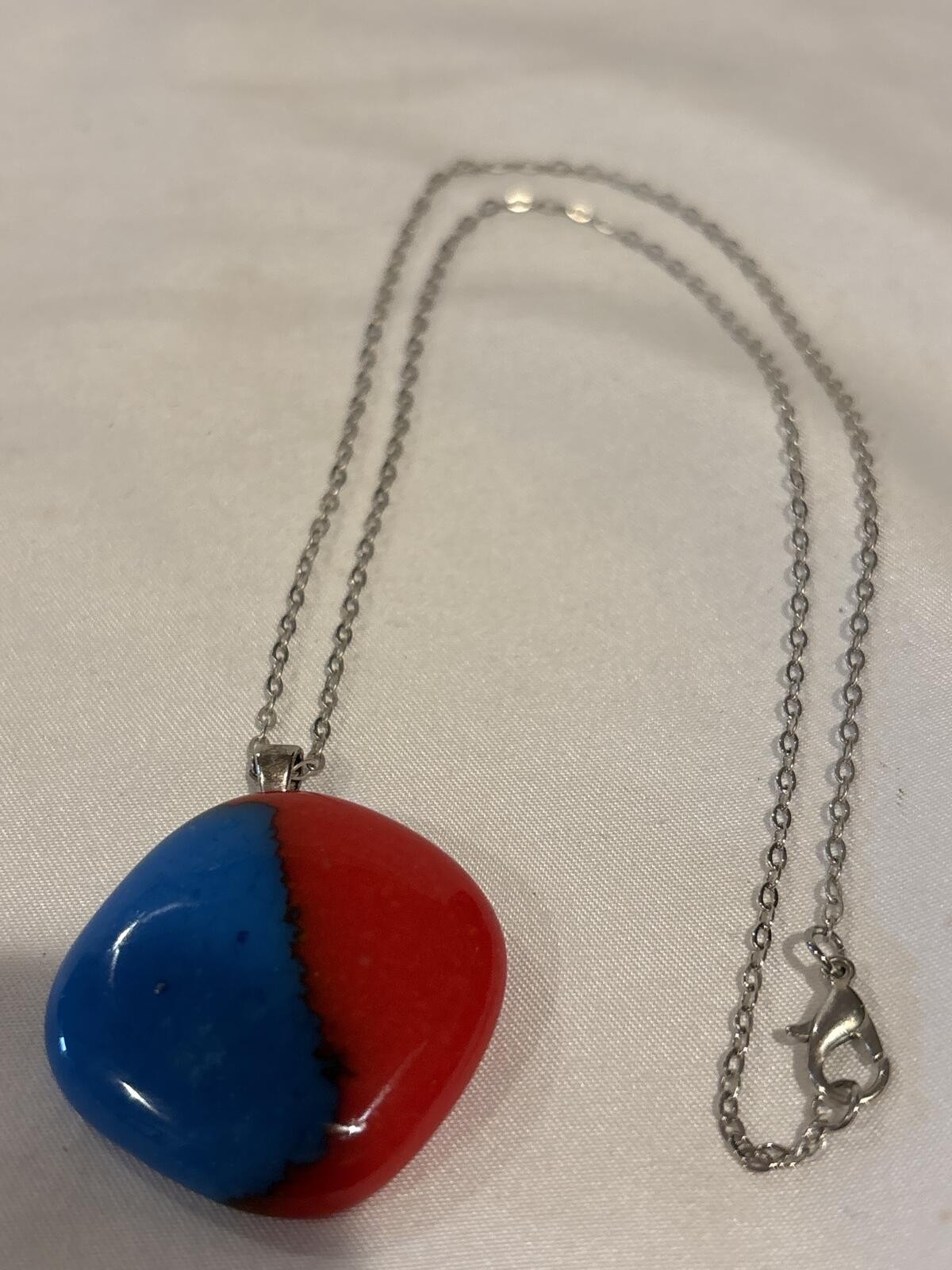 Artisan Made Art Glass Pendant Necklace Red Blue Block Design Silver Chain 22″