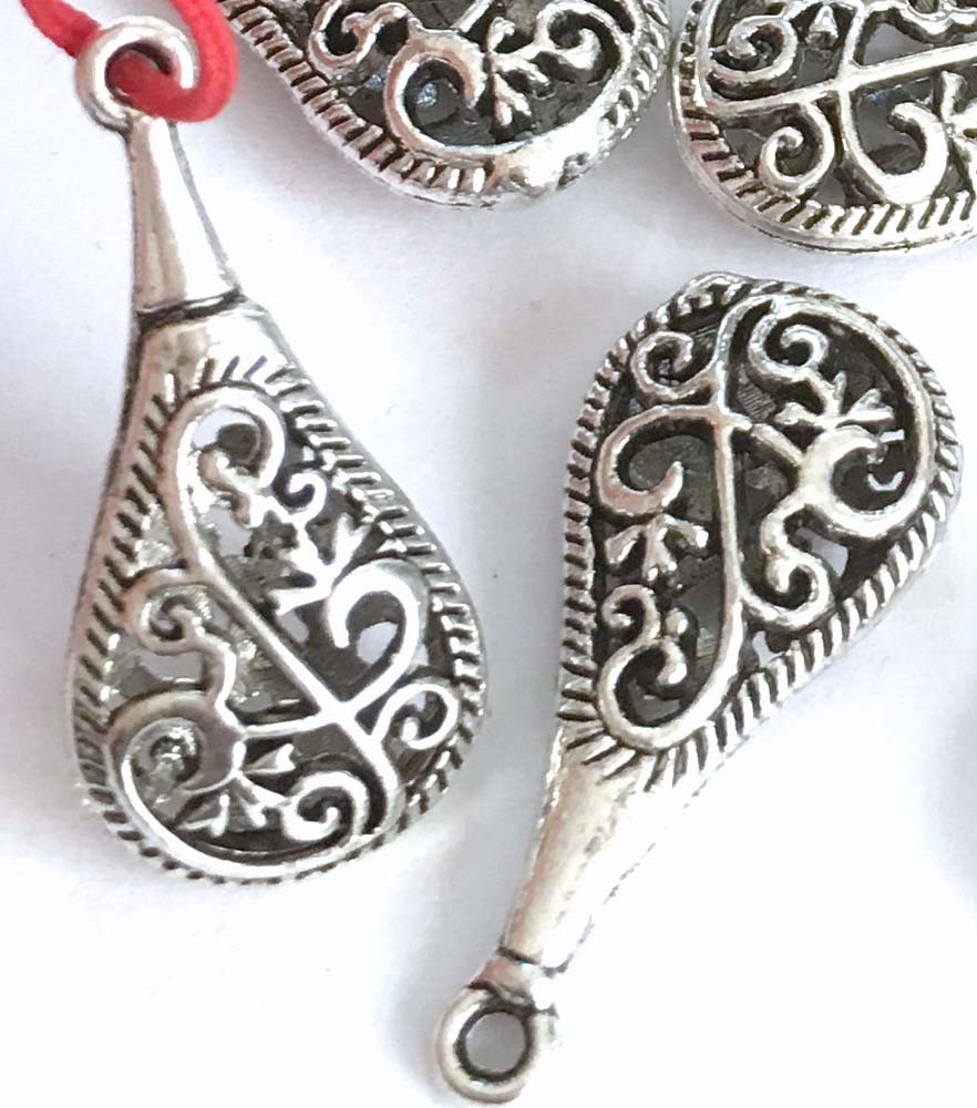8 Silver Pewter Pipa Teardrop Filigree Charm Pendant 30mm
