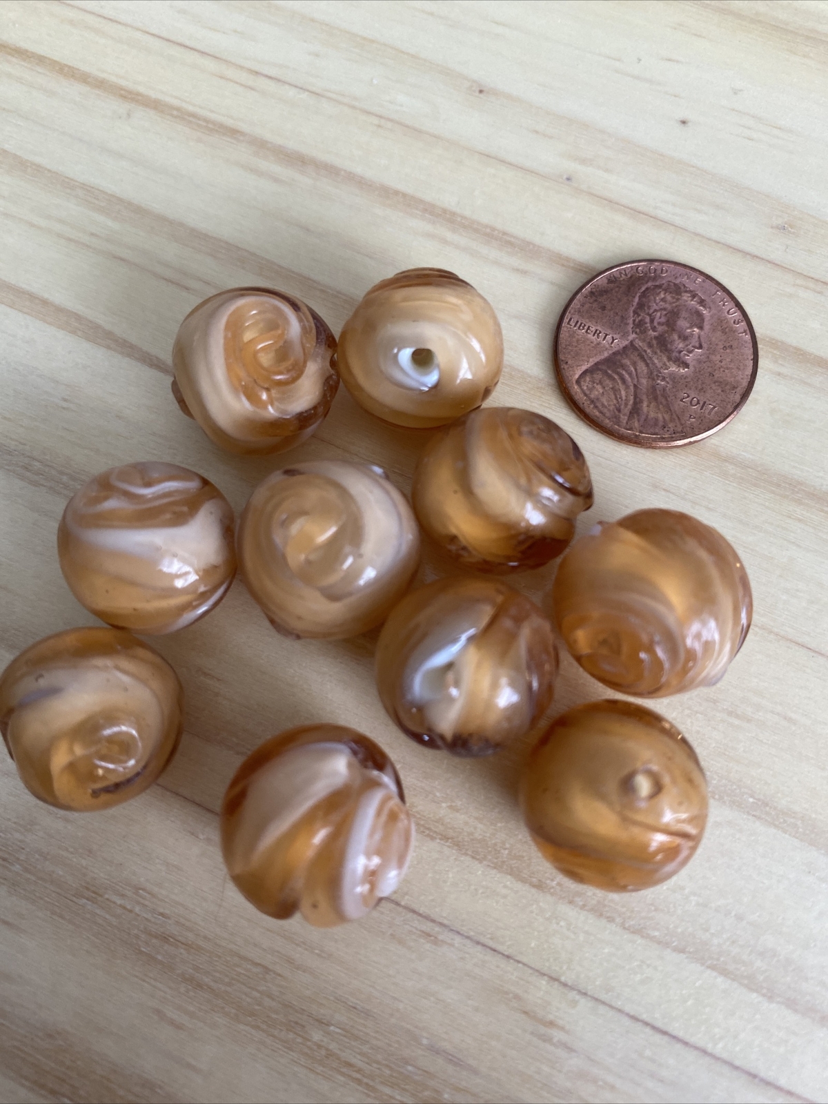 10 PEACH ORANGE SWIRL ROUND LAMPWORK Bumpy GLASS BEADS Approx 15mm,