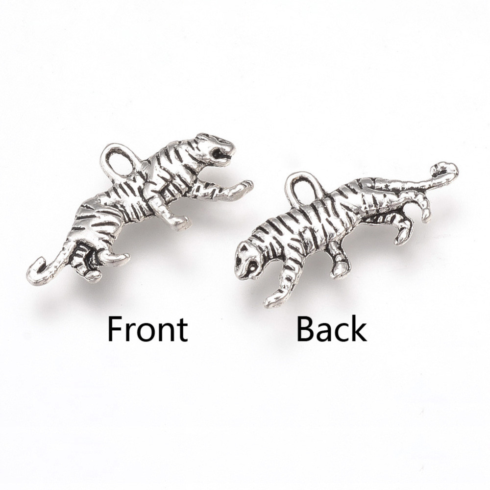 4 Tiger Charms Antiqued Silver Animal Pendants 2 Sided Zoo Endangered