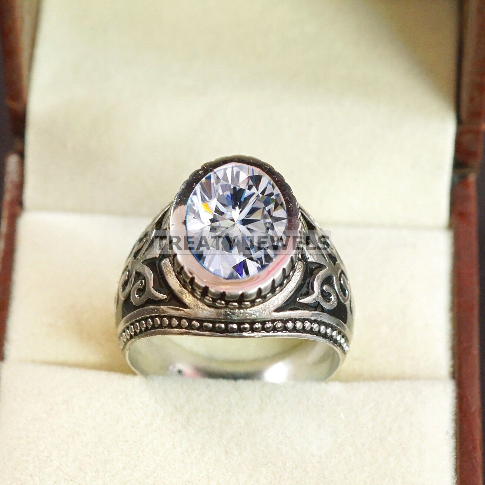 Moissanite Oval Cut Gemstone With Solid 14K White Gold Ring For Men’s #B291 #