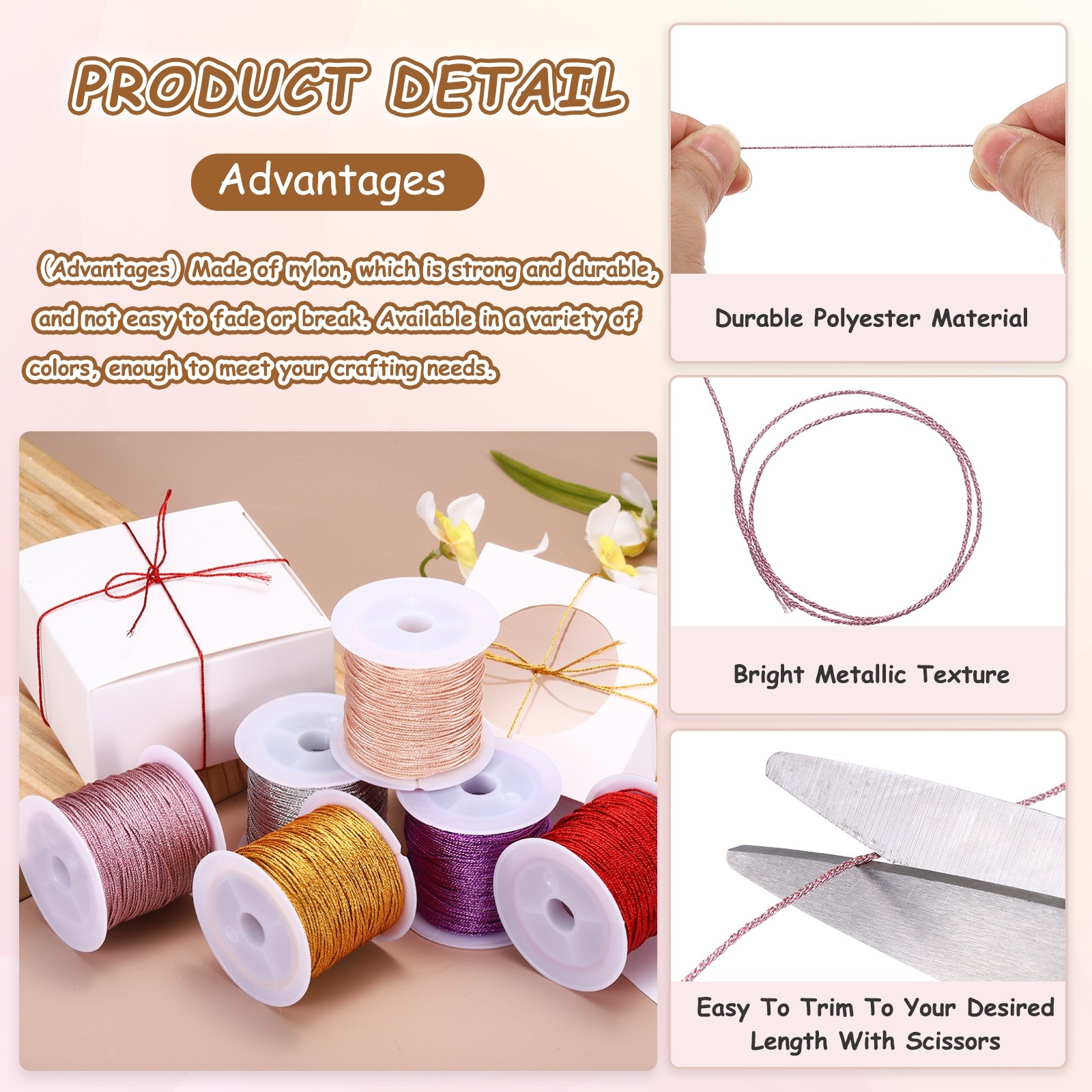 1 Roll 0.8mm Metallic Cords Thread Rose Gold 27.34 Yards