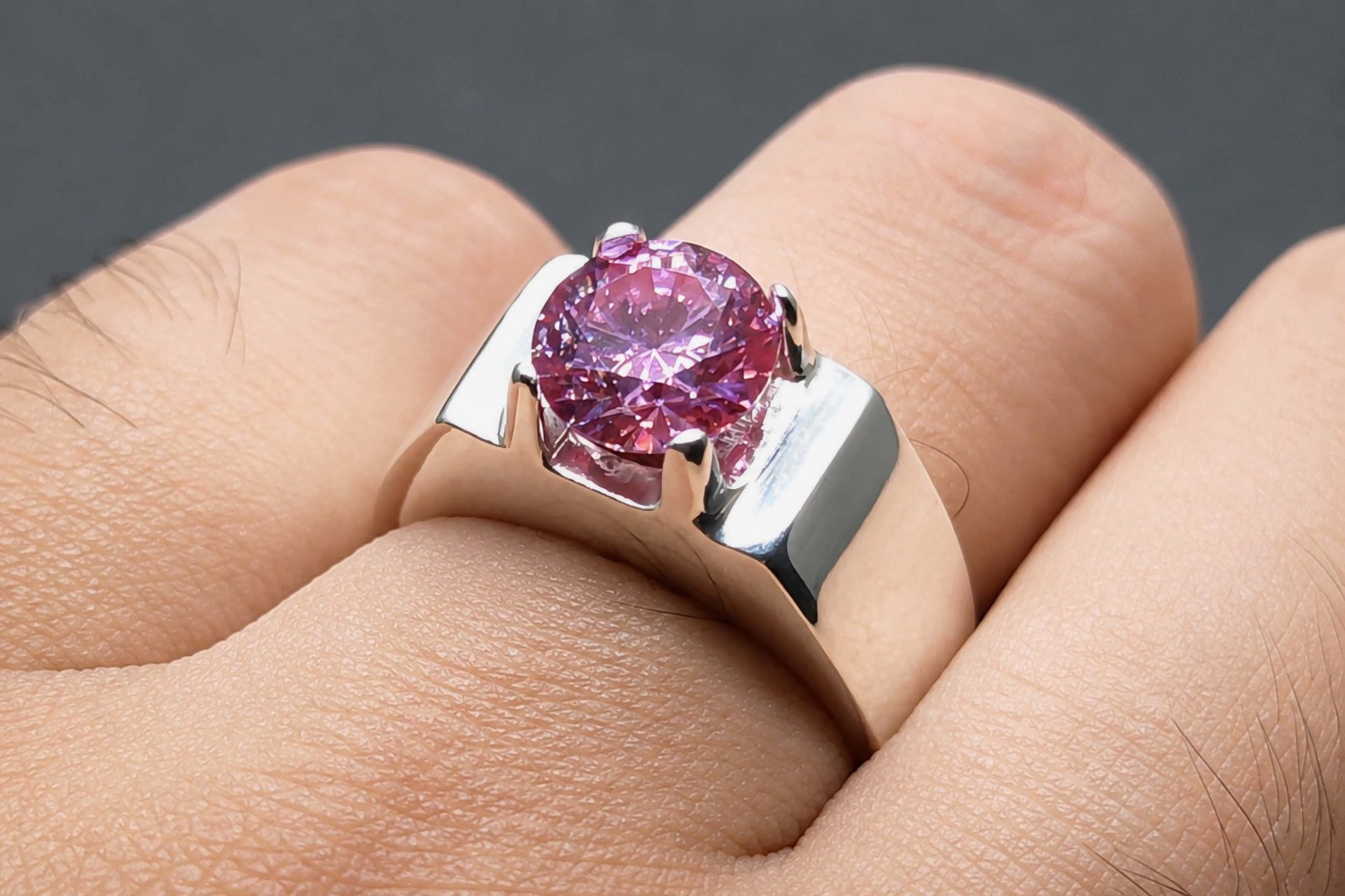 Round Cut 2 Carat Pink Moissanite Diamond 925 Sterling Silver Mens Plain Ring