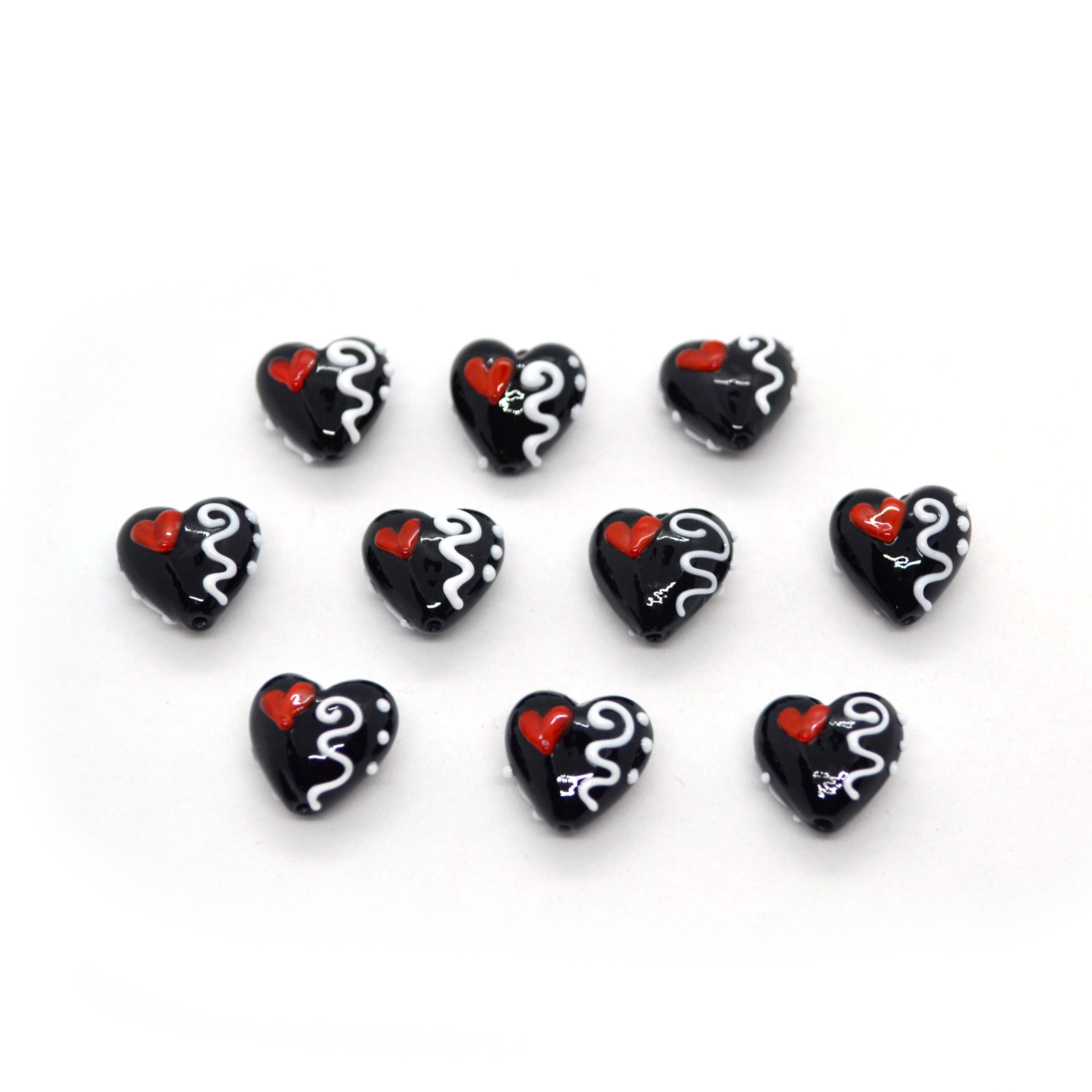 (10 pcs) Black/Red-White Details – Lampwork Beads, Approx 15x15mm