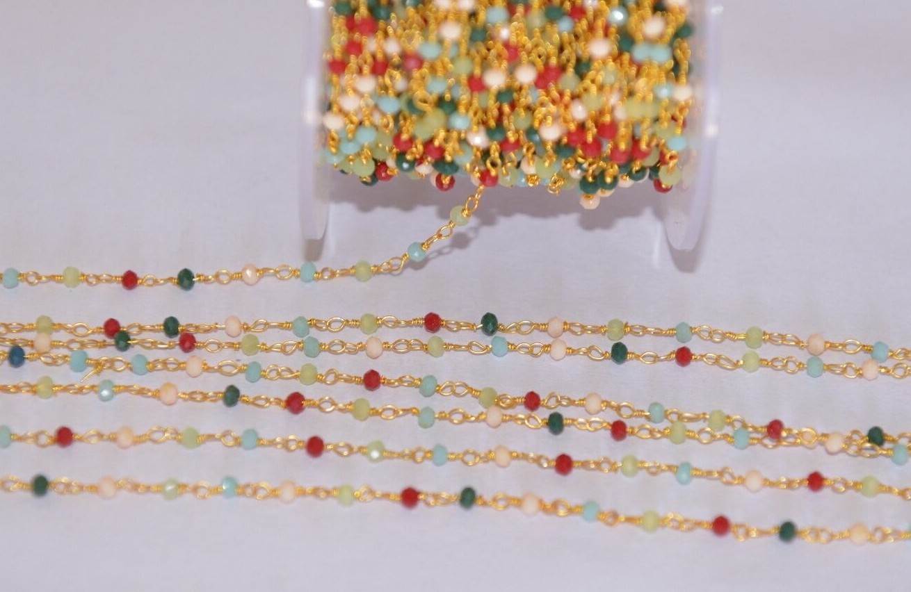 multi glass beads beaded rosary chain, Gold plated jewelry making bulk chain