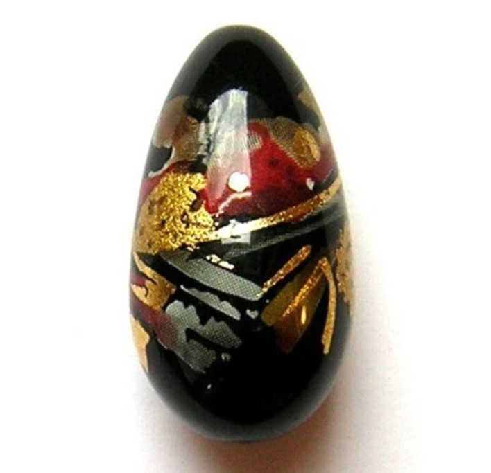 Lovely Japanese Tensha Drop Focal Bead Modern Black, Gold and Silver 30x16mm