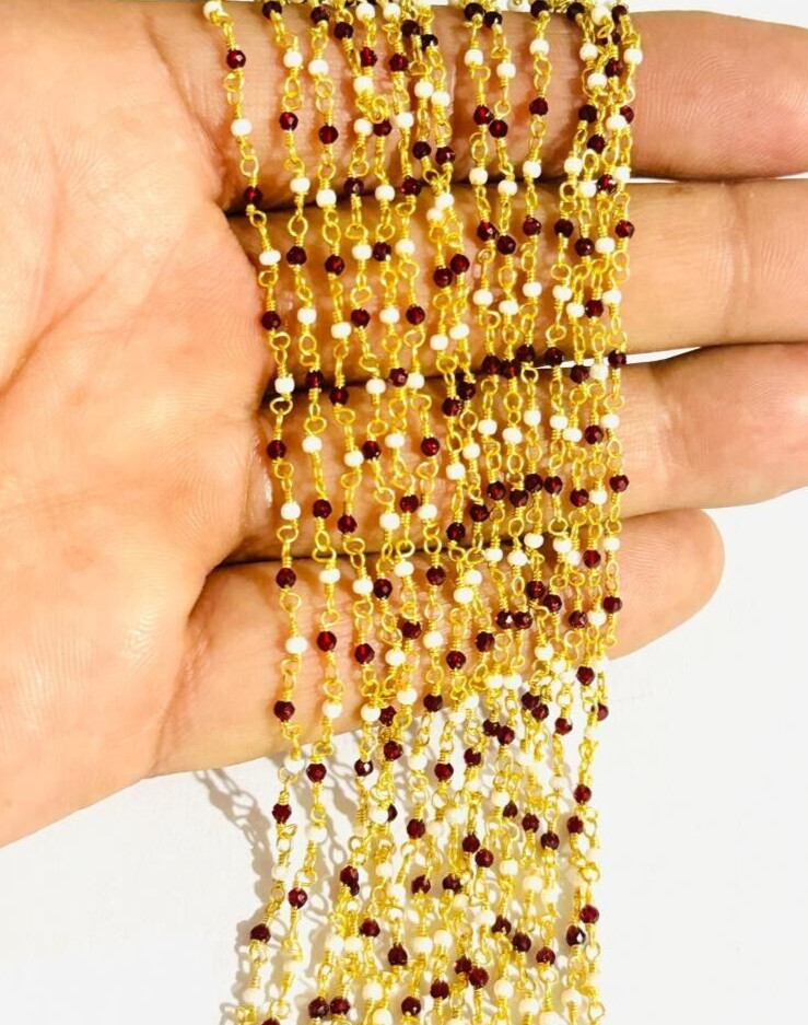 Bulk beaded jewelry making rosary, 2mm garnet hydro & pearl bead wire chain