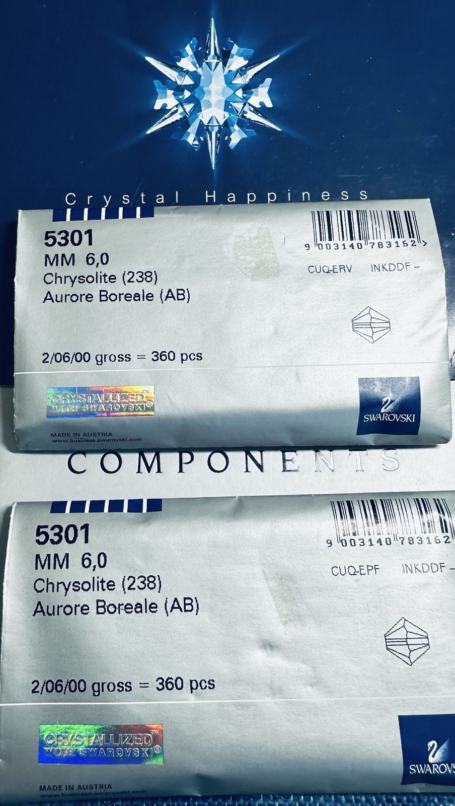 Swarovski 5328 6mm Chrysolite AB Sealed Pack 360pcs. Austrian Rare Crystals