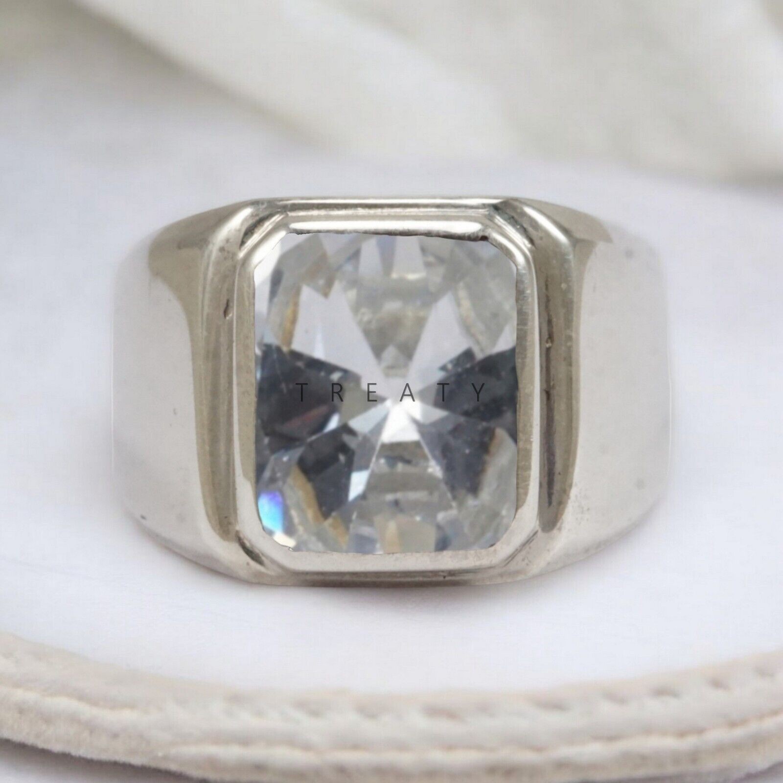 Moissanite Emerald Cut Gemstone With Solid 14K White Gold Ring For Men’s #A4 #